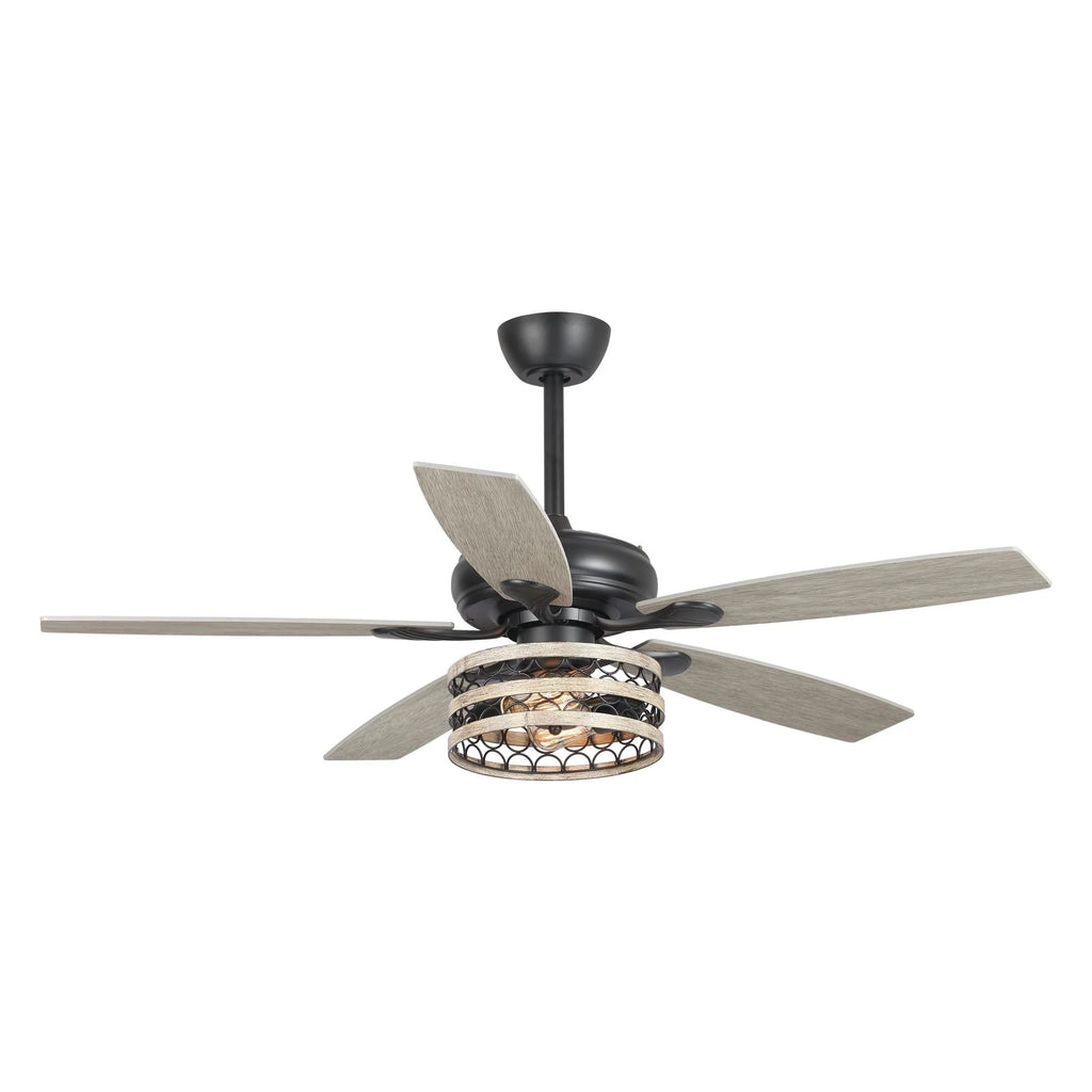 Ventilateur de plafond 5 pales noir à cage, style ferme, avec télécommande