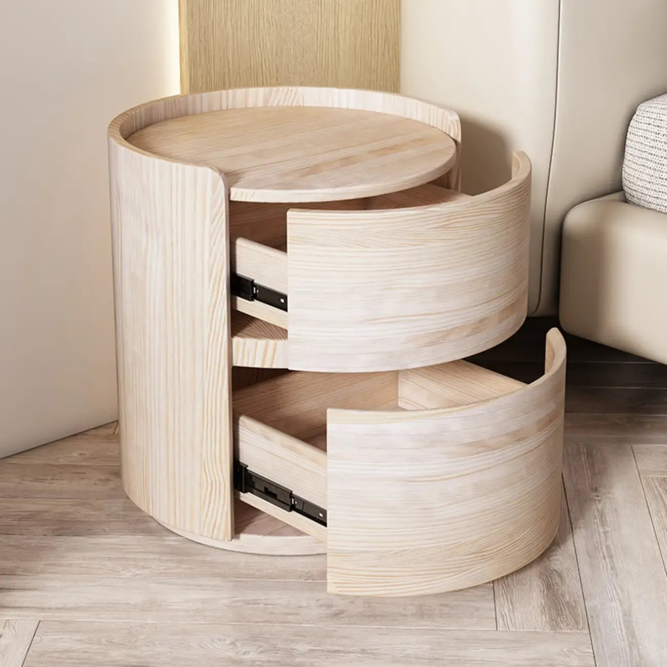 Table de chevet ronde moderne en cuir à 2 tiroirs