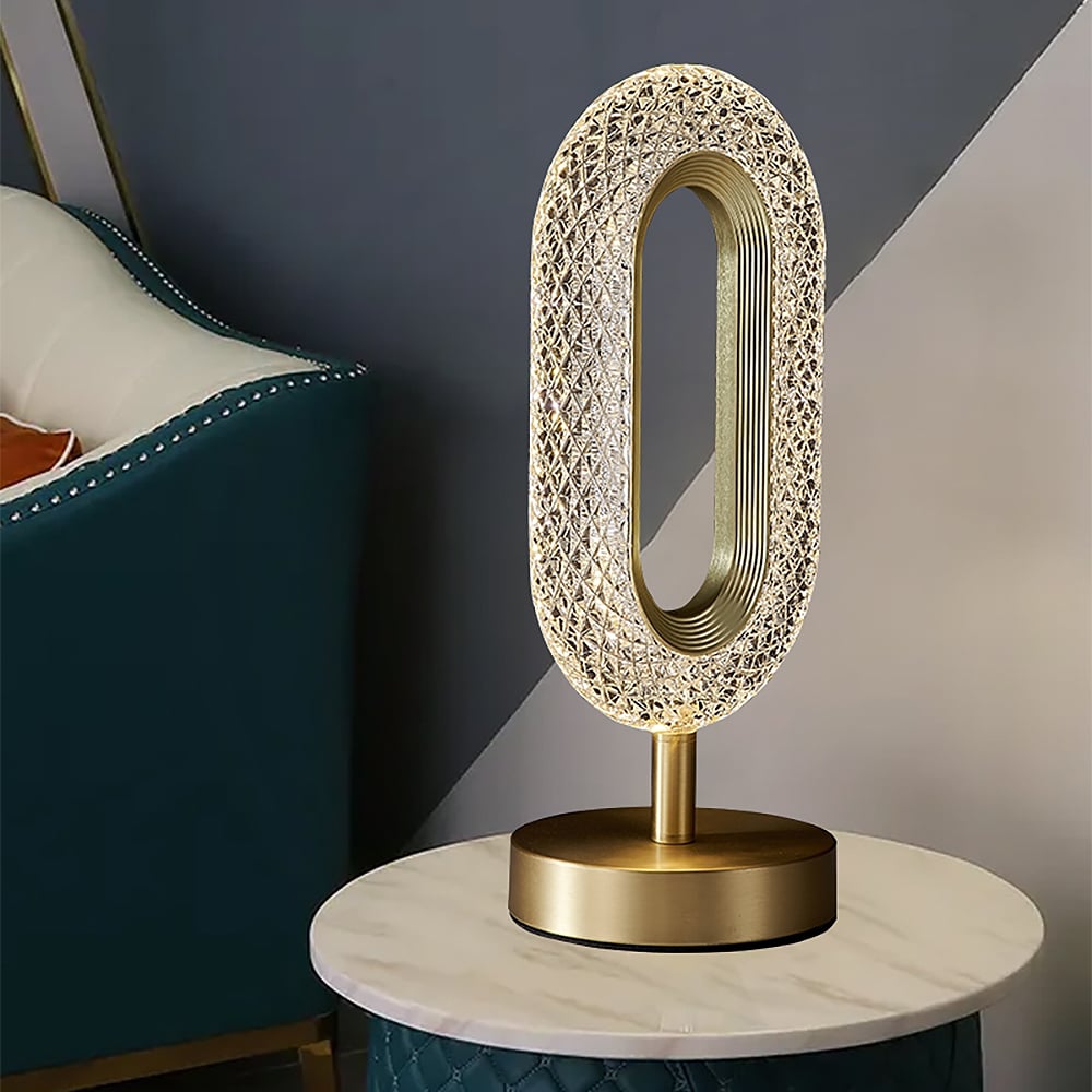 Lampe de table LED Art Déco de luxe en forme d'anneau en laiton doré et acrylique