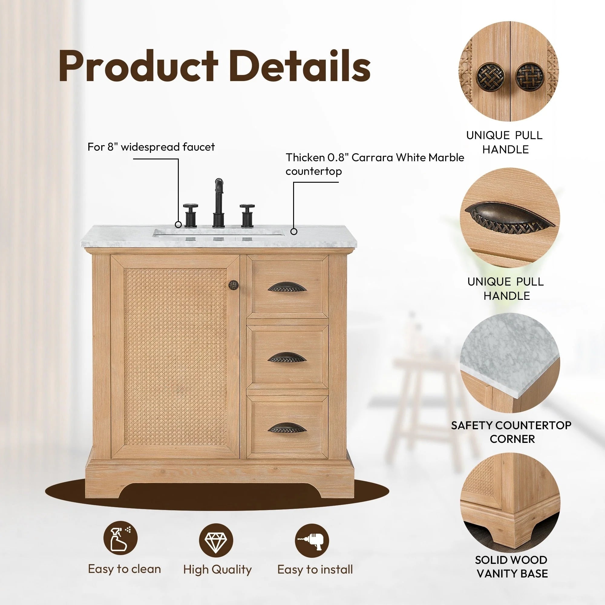 Meuble-lavabo Hervas avec plateau en marbre naturel, sans miroir.