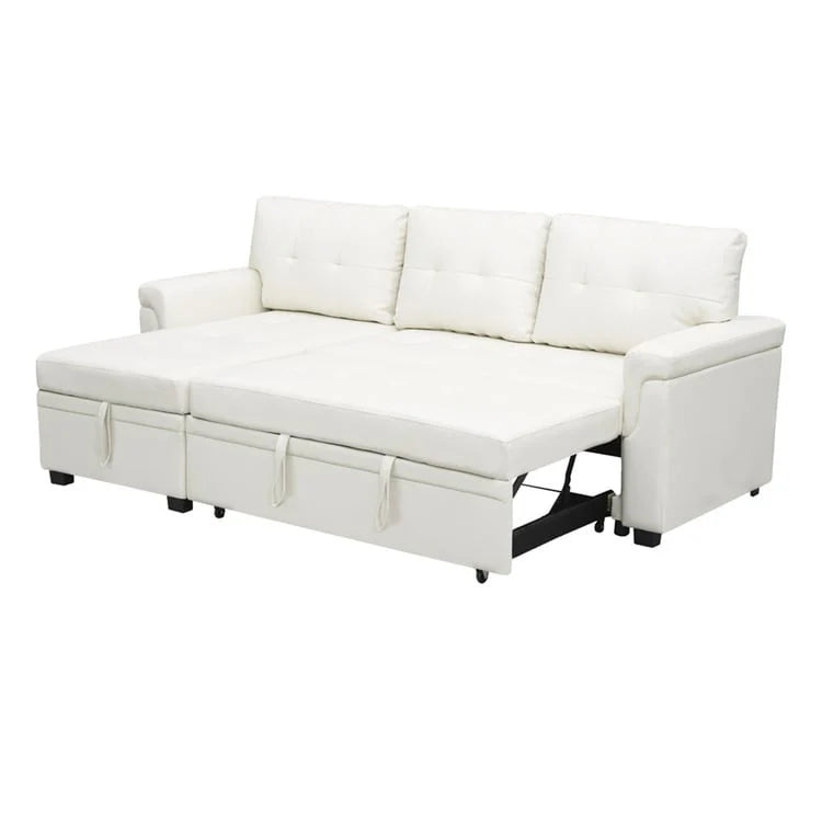 Canapé d'angle convertible et réversible avec lit gigogne, méridienne de rangement dissimulée et pieds robustes.