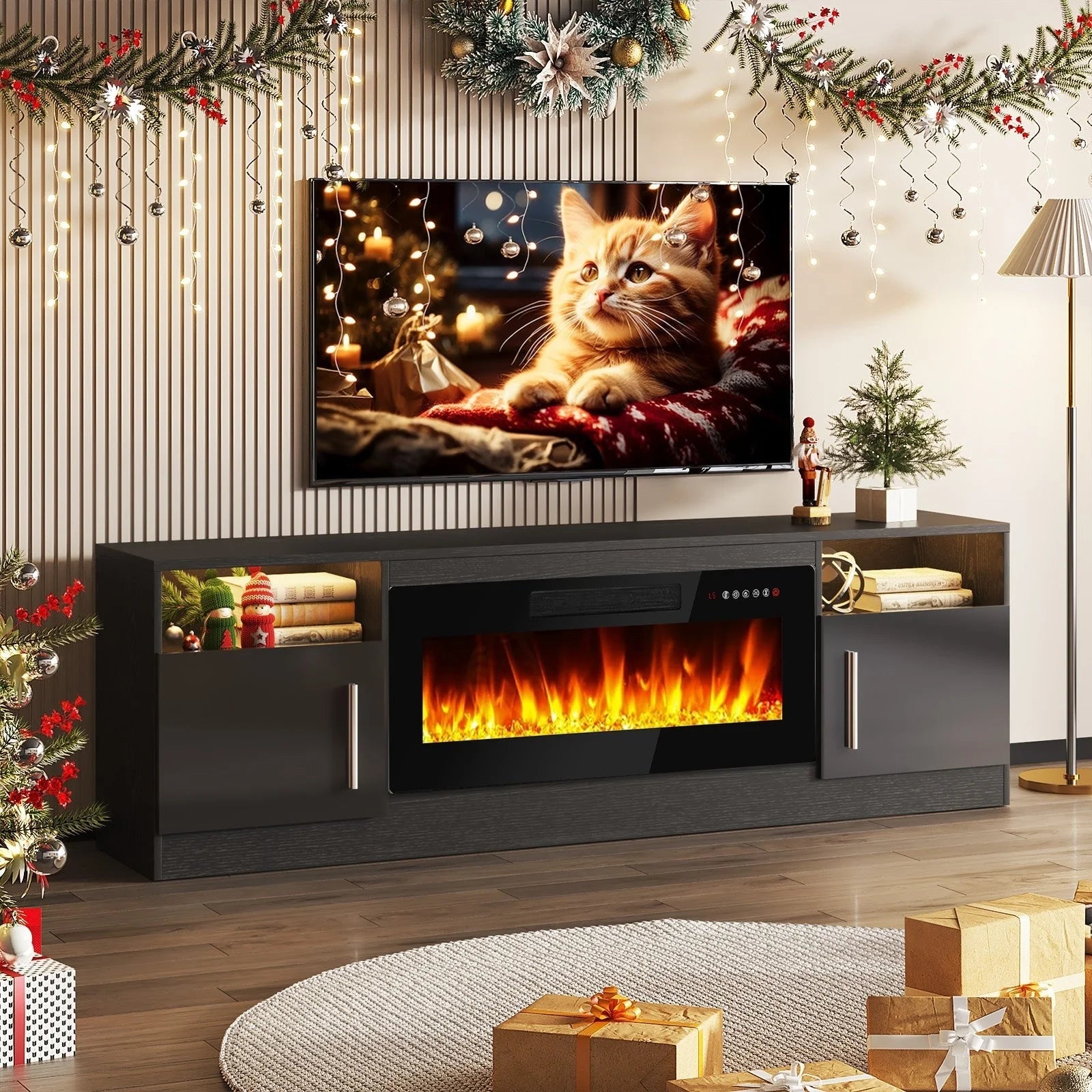 Meuble TV Bossin 70 avec cheminée électrique 36 pouces, compatible avec les téléviseurs jusqu'à 80 pouces, éclairage LED 16 couleurs/centre multimédia