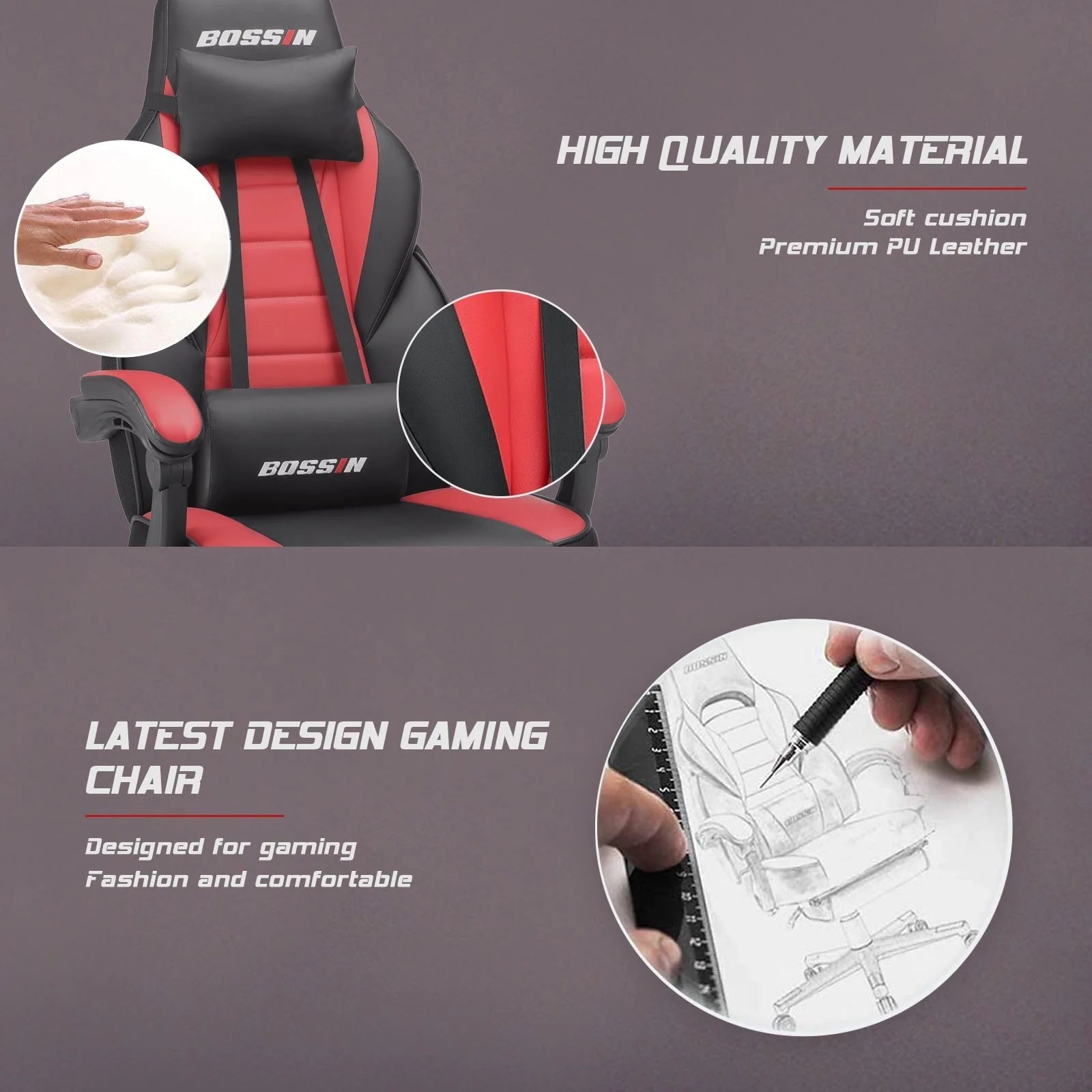 Chaise de jeu BOSSIN style racing, chaise de jeu grande taille supportant jusqu'à 136 kg (300 lbs), dossier haut, chaise d'ordinateur