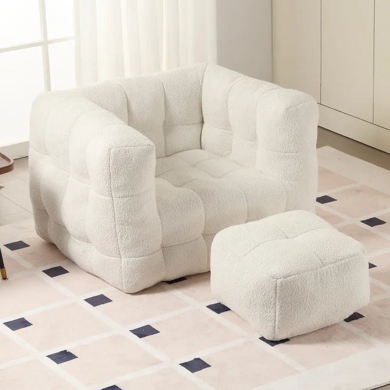 HOMEFUN Poltrona singola moderna trapuntata in Bouclé con pouf