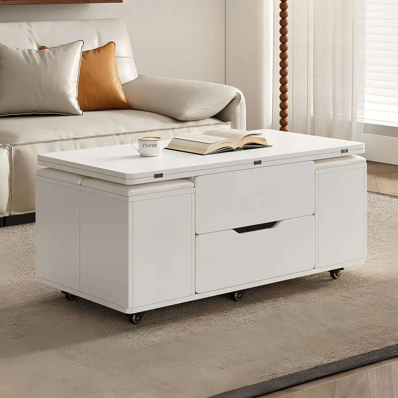 Table basse pliable à plateau relevable avec 4 tabourets et rangement