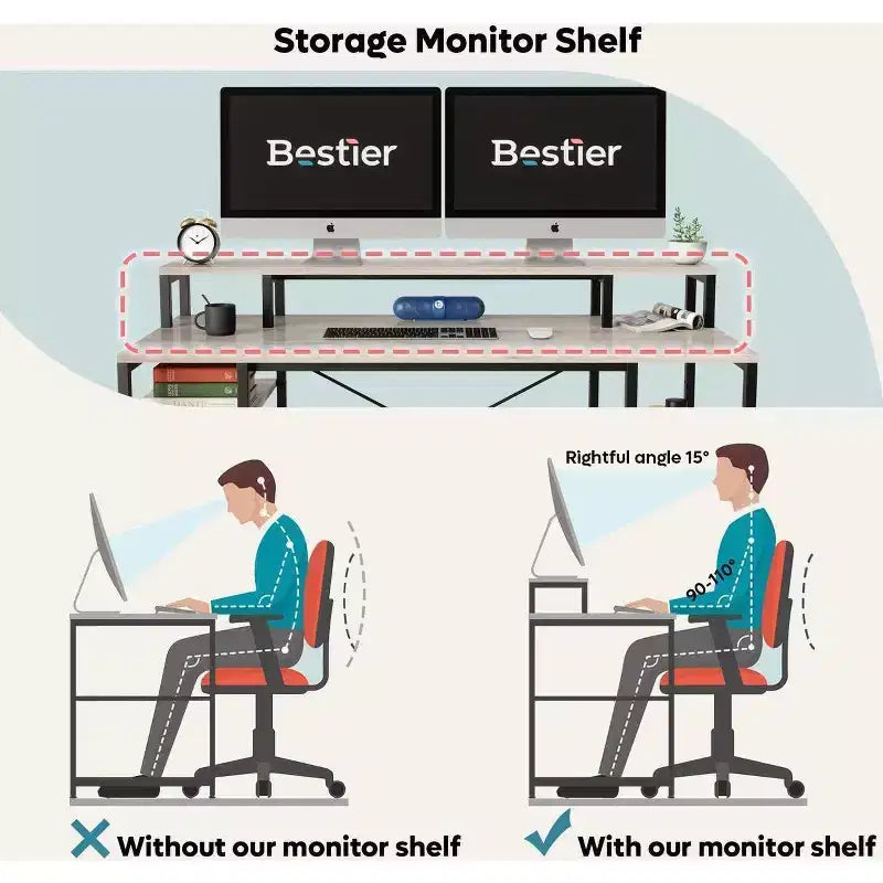 Bestier Bureaux d'ordinateur 140 cm avec étagère réversible, bureau d'écriture debout pour bureau à domicile/études/jeux
