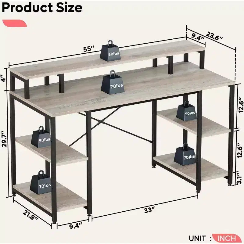Bestier Bureaux d'ordinateur 140 cm avec étagère réversible, bureau d'écriture debout pour bureau à domicile/études/jeux
