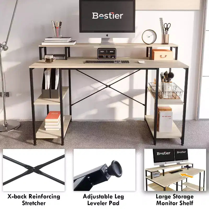 Bestier Bureaux d'ordinateur 140 cm avec étagère réversible, bureau d'écriture debout pour bureau à domicile/études/jeux