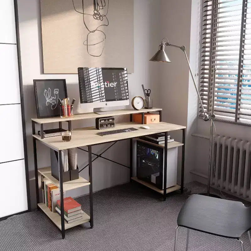 Bestier Bureaux d'ordinateur 140 cm avec étagère réversible, bureau d'écriture debout pour bureau à domicile/études/jeux