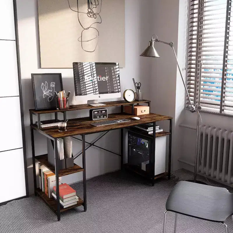 Bestier Bureaux d'ordinateur 140 cm avec étagère réversible, bureau d'écriture debout pour bureau à domicile/études/jeux