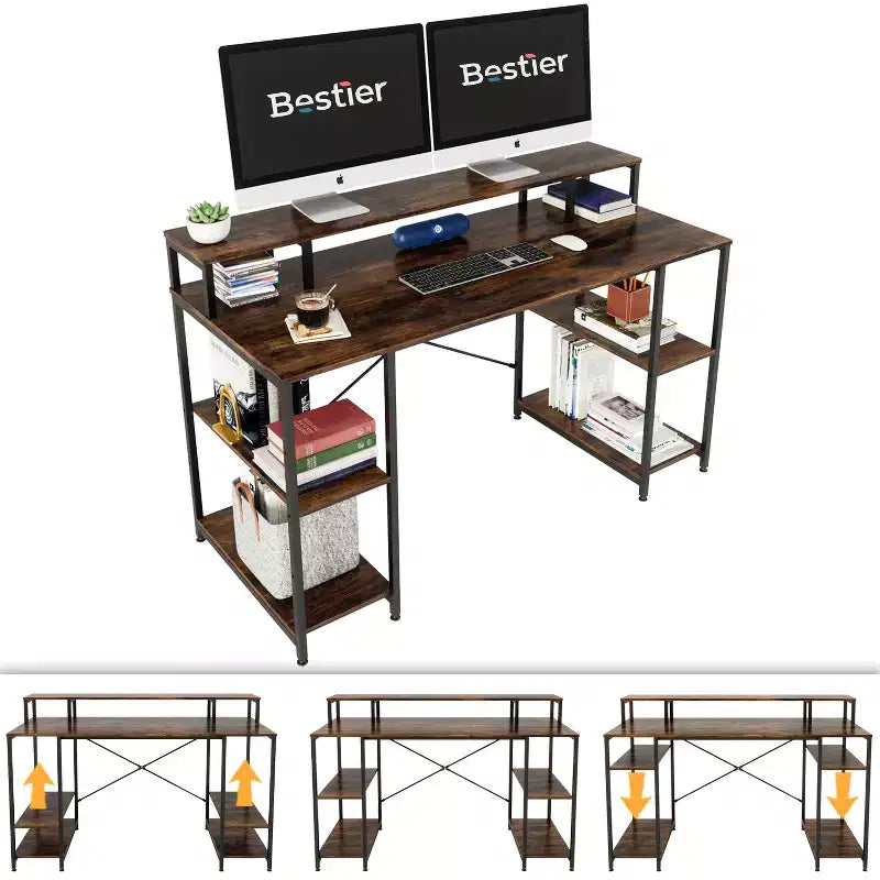 Bestier Bureaux d'ordinateur 140 cm avec étagère réversible, bureau d'écriture debout pour bureau à domicile/études/jeux