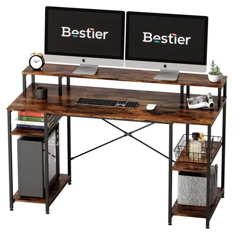 Bestier Bureaux d'ordinateur 140 cm avec étagère réversible, bureau d'écriture debout pour bureau à domicile/études/jeux