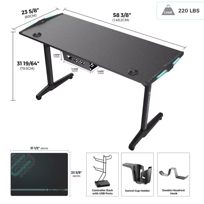 Scrivania da Gaming EUREKA ERGONOMIC con Accessori Integrati, 148 D x 60 L x 79.3 P cm, Nera