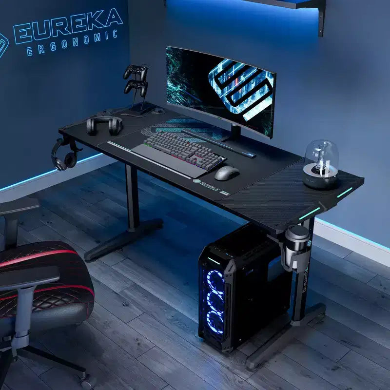 Scrivania da Gaming EUREKA ERGONOMIC con Accessori Integrati, 148 D x 60 L x 79.3 P cm, Nera