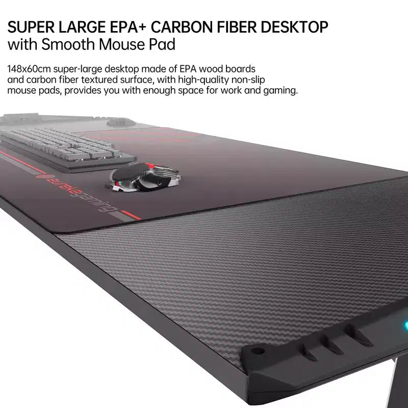 Scrivania da Gaming EUREKA ERGONOMIC con Accessori Integrati, 148 D x 60 L x 79.3 P cm, Nera