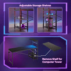 Bureau gaming Bestier de 155 cm avec éclairage LED RGB, bureau d'ordinateur avec étagères de rangement réversibles à 4 niveaux, crochets, porte-gobelet et aimants - Noir