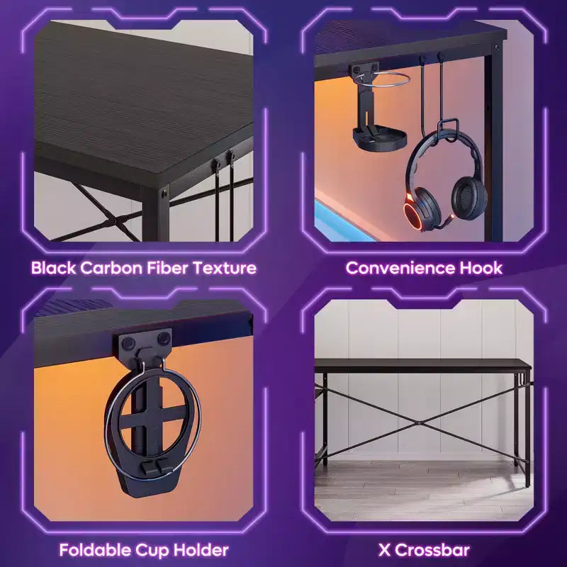 Bureau gaming Bestier de 155 cm avec éclairage LED RGB, bureau d'ordinateur avec étagères de rangement réversibles à 4 niveaux, crochets, porte-gobelet et aimants - Noir