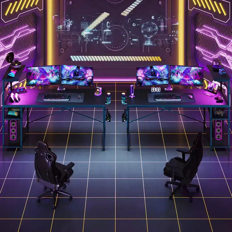 Bureau gaming Bestier de 155 cm avec éclairage LED RGB, bureau d'ordinateur avec étagères de rangement réversibles à 4 niveaux, crochets, porte-gobelet et aimants - Noir