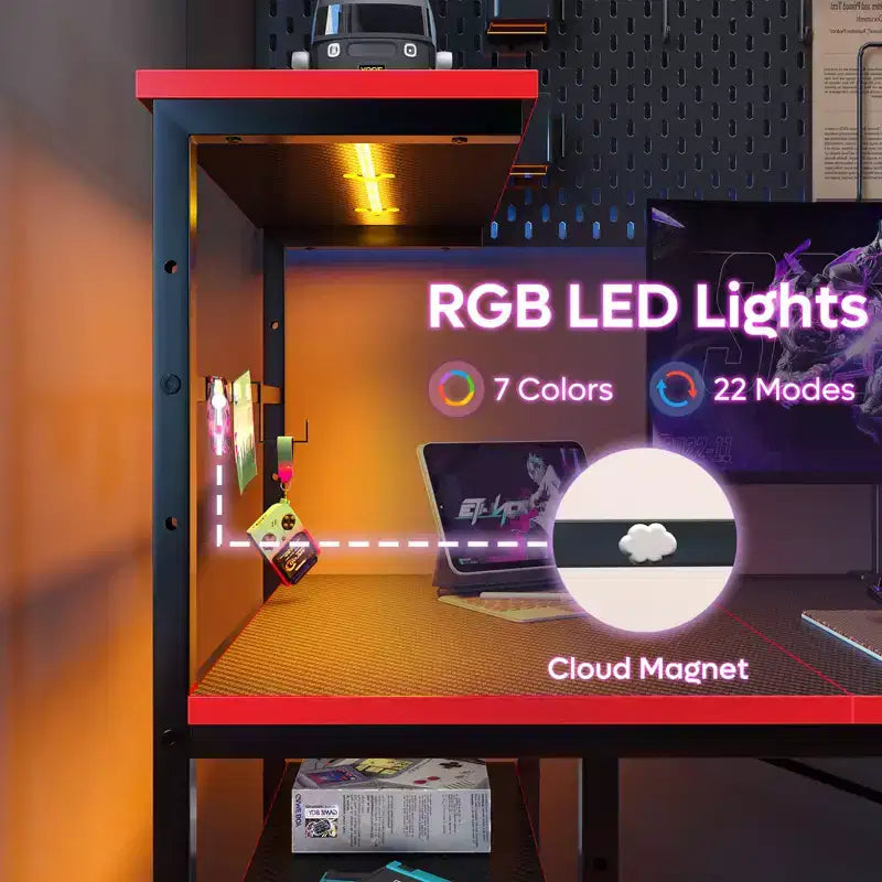 Bureau gaming Bestier de 155 cm avec éclairage LED RGB, bureau d'ordinateur avec étagères de rangement réversibles à 4 niveaux, crochets, porte-gobelet et aimants - Noir
