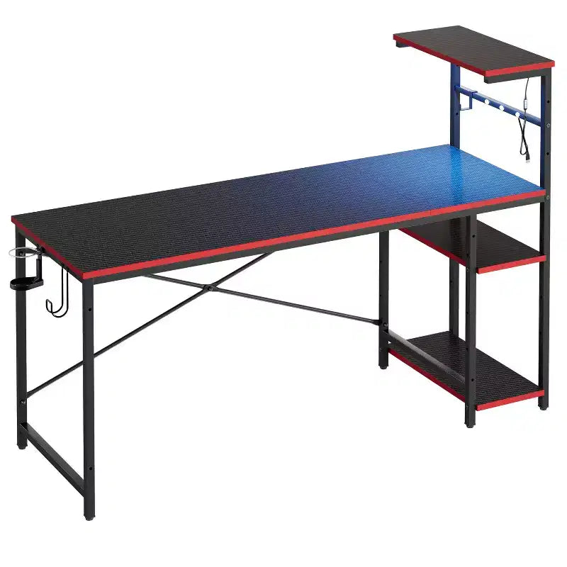 Bureau gaming Bestier de 155 cm avec éclairage LED RGB, bureau d'ordinateur avec étagères de rangement réversibles à 4 niveaux, crochets, porte-gobelet et aimants - Noir