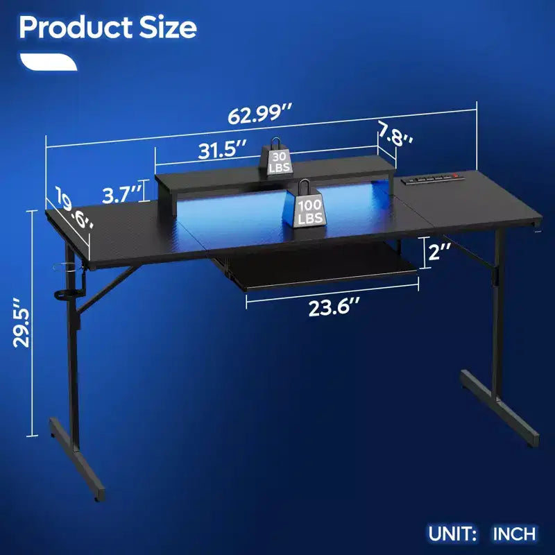 Bureau gaming Bestier 63 avec lumières LED et prises, bureau d'ordinateur avec support d'écran et tiroir clavier pour le bureau à domicile
