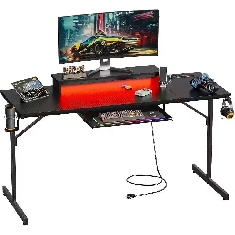 Bureau gaming Bestier 63 avec lumières LED et prises, bureau d'ordinateur avec support d'écran et tiroir clavier pour le bureau à domicile