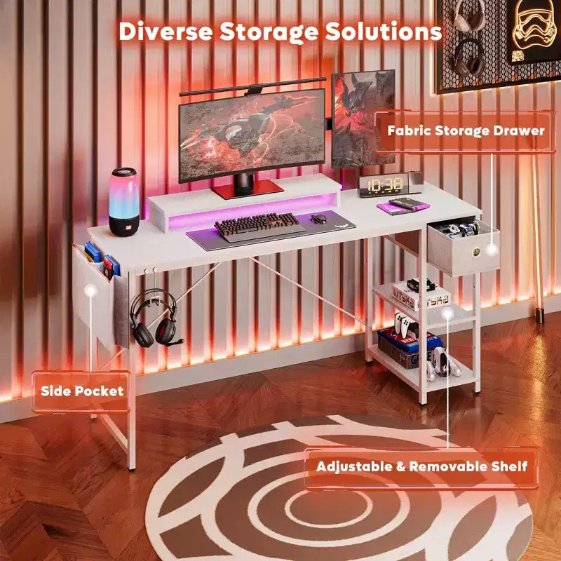 Bureau de jeu LED Bestier 61 pouces avec support d'écran et étagères, bureau d'ordinateur avec tiroirs et crochets, poste de travail PC Gamer avec sacs latéraux
