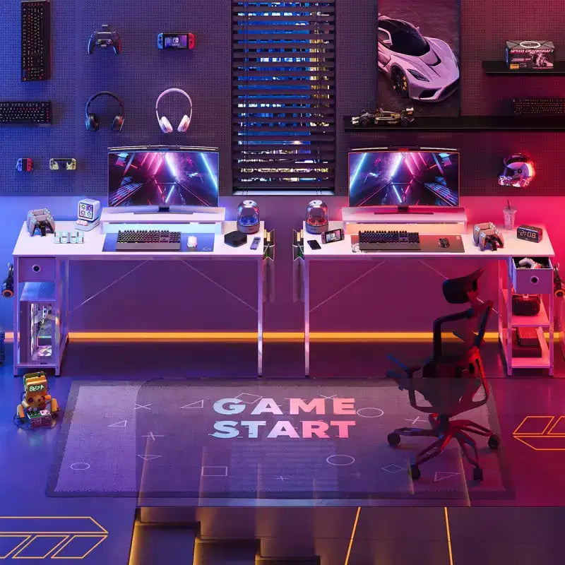 Bureau de jeu LED Bestier 61 pouces avec support d'écran et étagères, bureau d'ordinateur avec tiroirs et crochets, poste de travail PC Gamer avec sacs latéraux
