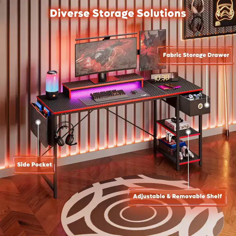 Bureau de jeu LED Bestier 61 pouces avec support d'écran et étagères, bureau d'ordinateur avec tiroirs et crochets, poste de travail PC Gamer avec sacs latéraux