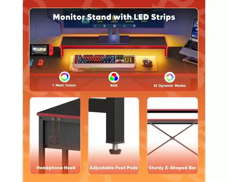 Bureau de jeu LED Bestier 61 pouces avec support d'écran et étagères, bureau d'ordinateur avec tiroirs et crochets, poste de travail PC Gamer avec sacs latéraux