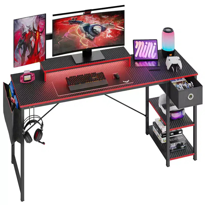 Bureau de jeu LED Bestier 61 pouces avec support d'écran et étagères, bureau d'ordinateur avec tiroirs et crochets, poste de travail PC Gamer avec sacs latéraux