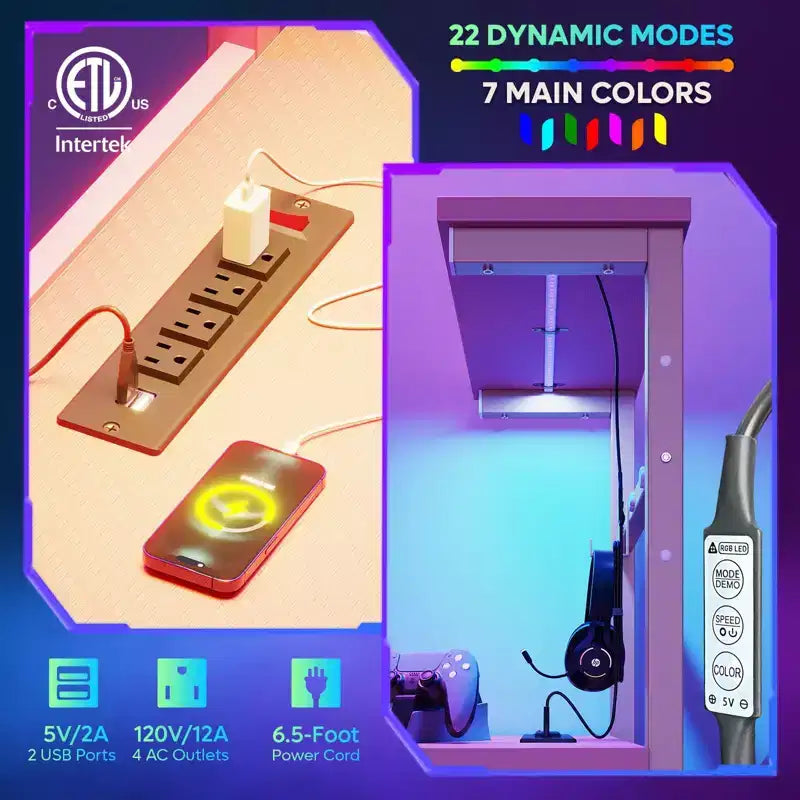 Scrivania da gioco Bestier 61 reversibile con presa di corrente a LED e 4 ripiani