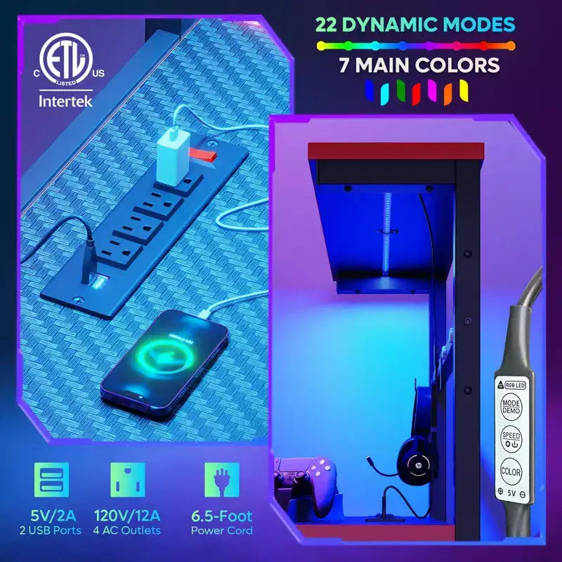 Scrivania da gioco Bestier 61 reversibile con presa di corrente a LED e 4 ripiani