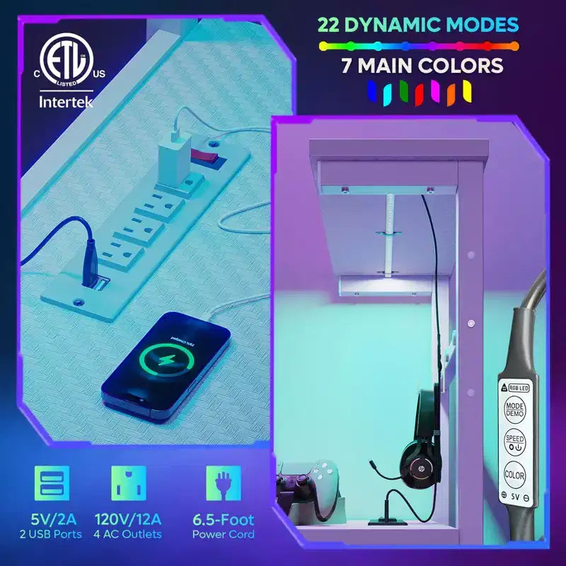 Scrivania da gioco Bestier 61 reversibile con presa di corrente a LED e 4 ripiani
