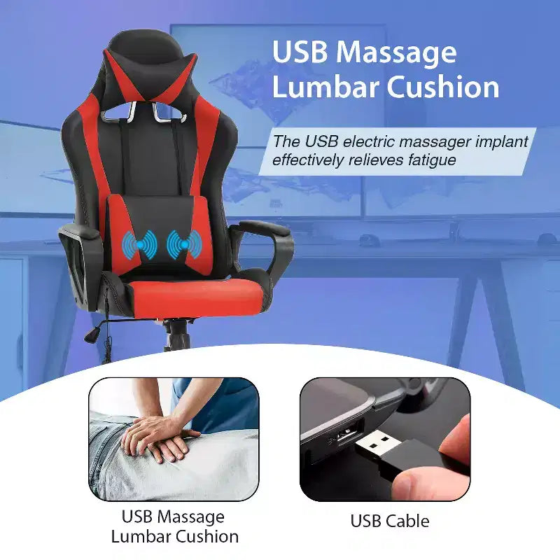 Chaise de jeu FDW Gaming Chaise de bureau massante confortable et élégante avec soutien lombaire réglable, pivotante à 360 degrés et roulettes silencieuses