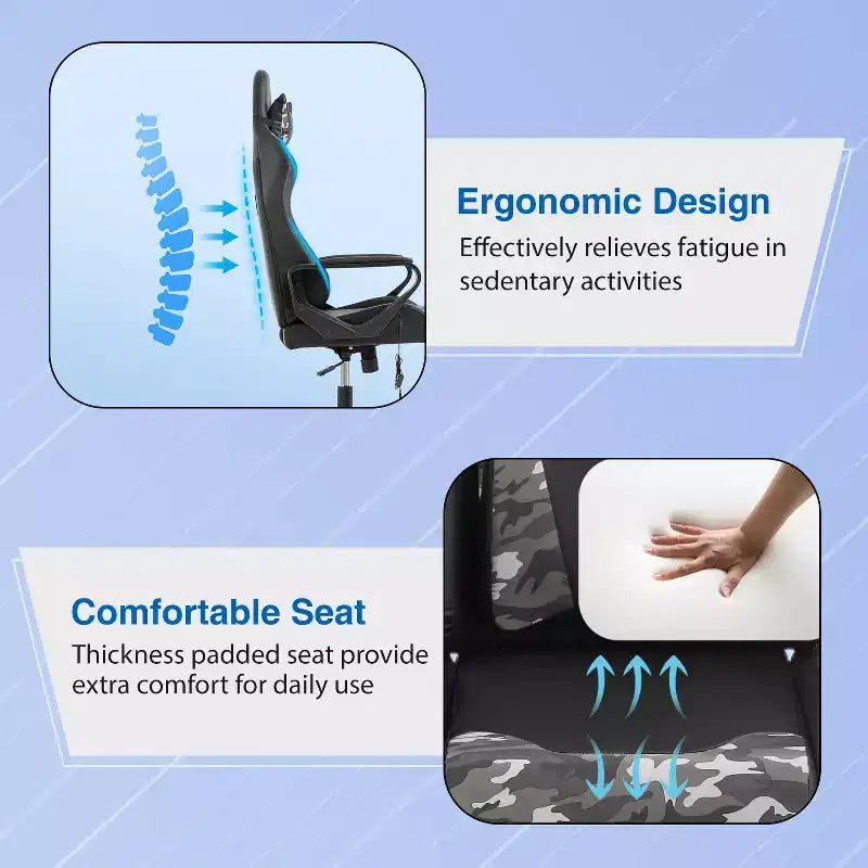 Chaise de jeu FDW Gaming Chaise de bureau massante confortable et élégante avec soutien lombaire réglable, pivotante à 360 degrés et roulettes silencieuses