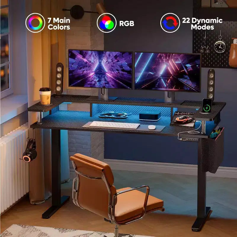 Scrivania in Piedi Bestier da 58 pollici con Supporto Monitor, Scrivania Computer a LED Regolabile in Altezza con Spazio di Archiviazione e Gancio, Scrivania per Lavoro in Piedi per Ufficio Domestico e Scrittura