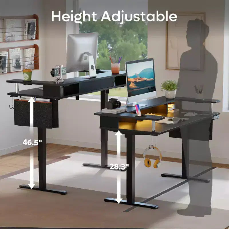 Scrivania in Piedi Bestier da 58 pollici con Supporto Monitor, Scrivania Computer a LED Regolabile in Altezza con Spazio di Archiviazione e Gancio, Scrivania per Lavoro in Piedi per Ufficio Domestico e Scrittura