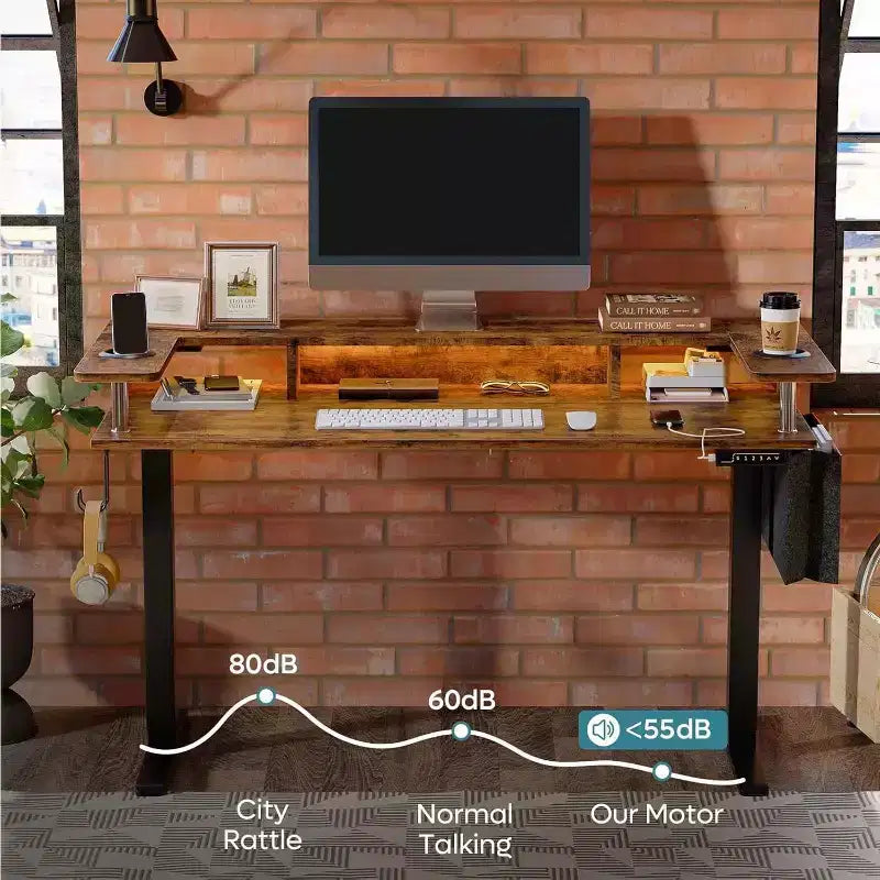 Scrivania in Piedi Bestier da 58 pollici con Supporto Monitor, Scrivania Computer a LED Regolabile in Altezza con Spazio di Archiviazione e Gancio, Scrivania per Lavoro in Piedi per Ufficio Domestico e Scrittura