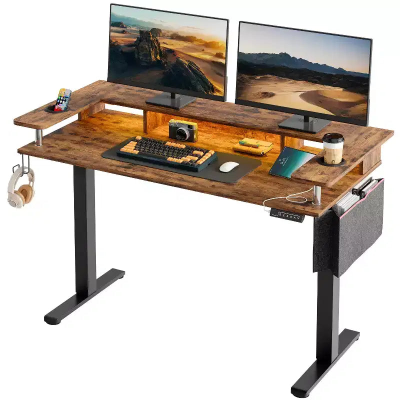 Scrivania in Piedi Bestier da 58 pollici con Supporto Monitor, Scrivania Computer a LED Regolabile in Altezza con Spazio di Archiviazione e Gancio, Scrivania per Lavoro in Piedi per Ufficio Domestico e Scrittura