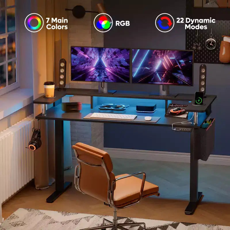Scrivania in Piedi Bestier da 58 pollici con Supporto Monitor, Scrivania Computer a LED Regolabile in Altezza con Spazio di Archiviazione e Gancio, Scrivania per Lavoro in Piedi per Ufficio Domestico e Scrittura