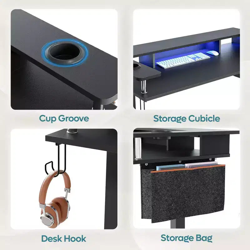 Scrivania in Piedi Bestier da 58 pollici con Supporto Monitor, Scrivania Computer a LED Regolabile in Altezza con Spazio di Archiviazione e Gancio, Scrivania per Lavoro in Piedi per Ufficio Domestico e Scrittura