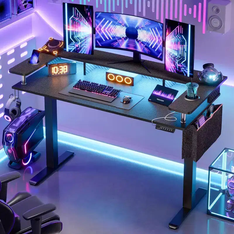 Bureau debout Bestier 58 avec support d'écran, bureau d'ordinateur à LED réglable en hauteur avec rangement et crochet, bureau de travail debout pour la maison et le bureau