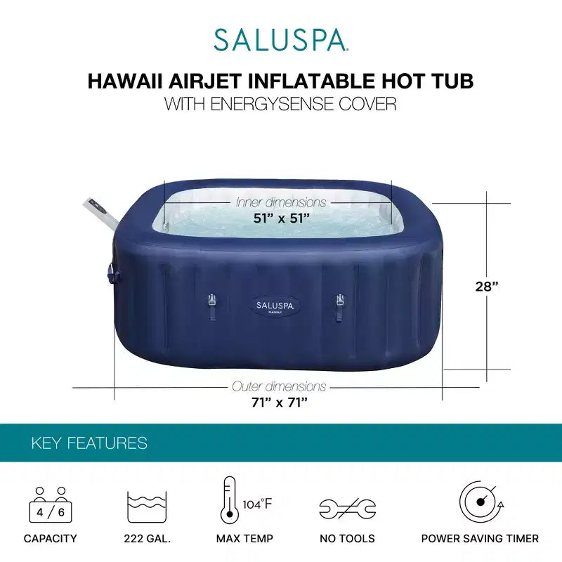 Bestway SaluSpa Hawaii Smart AirJet, Spa Gonflable Carré Portable pour 4 à 6 Personnes avec 140 Jets d'Air, Contrôle via Application et Couverture EnergySense, Bleu