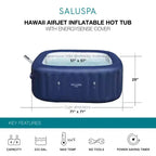 Bestway SaluSpa Hawaii Smart AirJet, Spa Gonflable Carré Portable pour 4 à 6 Personnes avec 140 Jets d'Air, Contrôle via Application et Couverture EnergySense, Bleu