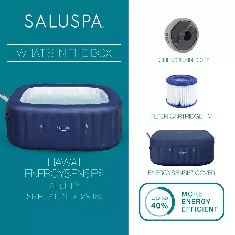 Bestway SaluSpa Hawaii Smart AirJet, Spa Gonflable Carré Portable pour 4 à 6 Personnes avec 140 Jets d'Air, Contrôle via Application et Couverture EnergySense, Bleu