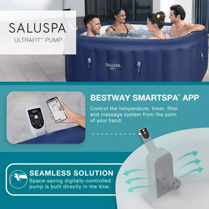 Bestway SaluSpa Hawaii Smart AirJet, Spa Gonflable Carré Portable pour 4 à 6 Personnes avec 140 Jets d'Air, Contrôle via Application et Couverture EnergySense, Bleu