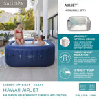 Bestway SaluSpa Hawaii Smart AirJet, Spa Gonflable Carré Portable pour 4 à 6 Personnes avec 140 Jets d'Air, Contrôle via Application et Couverture EnergySense, Bleu
