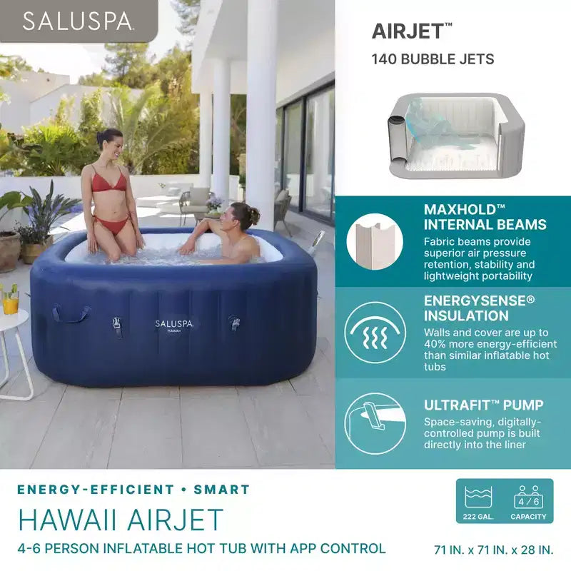 Bestway SaluSpa Hawaii Smart AirJet, Spa Gonflable Carré Portable pour 4 à 6 Personnes avec 140 Jets d'Air, Contrôle via Application et Couverture EnergySense, Bleu