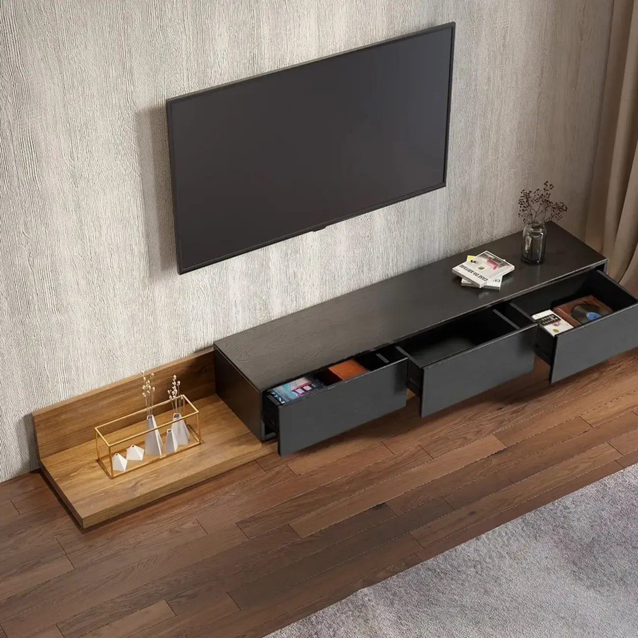 Meuble TV extensible en noyer avec 3 tiroirs